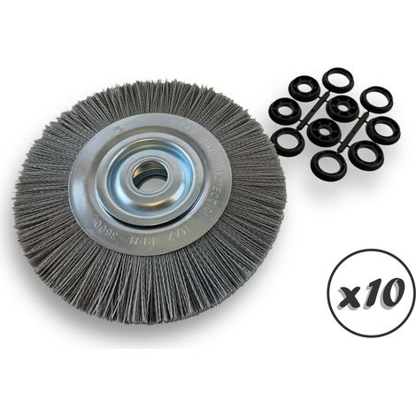 Lot de 10 brosses circulaires NYLON Abrasif Ø 250 mm Epaisseur 2 rangs Carbure silicium Grain 120 Alésage 32 mm + réducteur bague 25/22/20/16/12 mm Touret ponceuse Kibros 231252KR120x10 (1/5)