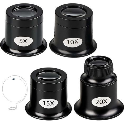 Set di 4 lenti d'ingrandimento da gioielliere (5x, 10x, 15x, 20x) con supporto a filo - Lenti d'ingrandimento da gioielliere con diversi ingrandimenti per orologi, pendole e riparazioni di precisione. (1/5)