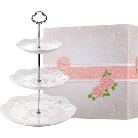 Plateau à cupcakes en porcelaine à trois étages, élégant présentoir à gâteaux blanc en relief