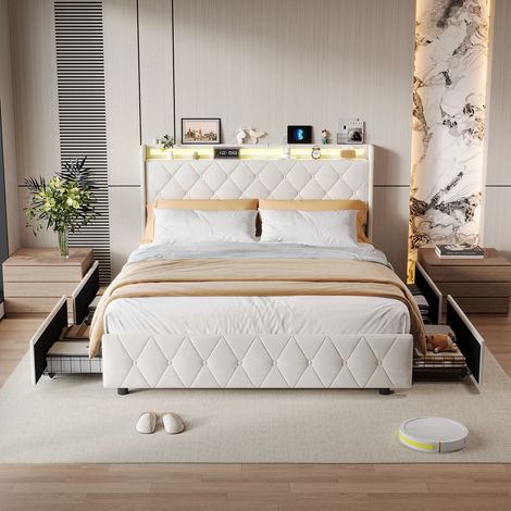 lit coffre 160x200 avec 4 tiroirs,lit adult,lit à tiroirs rembourré en velours avec LED intégrée, espace de rangement pratique,Beige