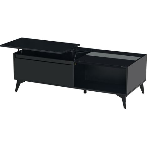 Table basse moderne noire brillante, table d’appoint élégante, table basse multifonction à hauteur réglable, table relevable, table à manger pliante / meuble de salon, 110 x 50 x 48 cm (L x l x H)