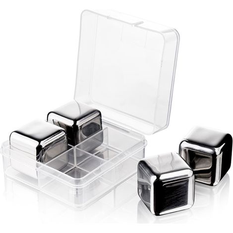 Set di 4 cubetti di ghiaccio riutilizzabili, in acciaio inossidabile, con contenitore in plastica, 2,5 x 2,5 cm, colore argento. (1/5)
