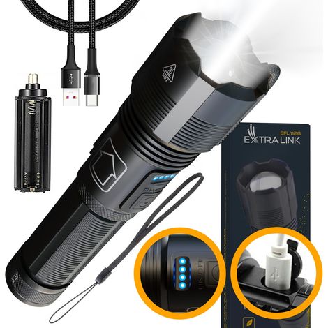 EXTRALINK Linterna LED Recargable, EFL-1126 Thor, Batería 18650/ Pilas AAA, USB, Varios modos de iluminación, Flash, SOS, Linterna LED recargable alta potencia, Emite 1000 lm a 500 m, Linterna pequeña (1/5)
