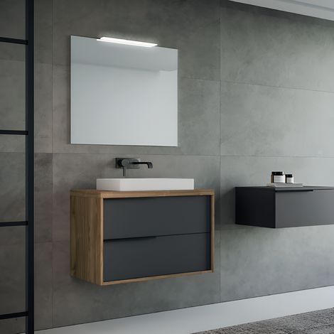 Mobile bagno sospeso 80 cm ISIDE Noce e Grafite Opaco con lavabo in ceramica (1/4)