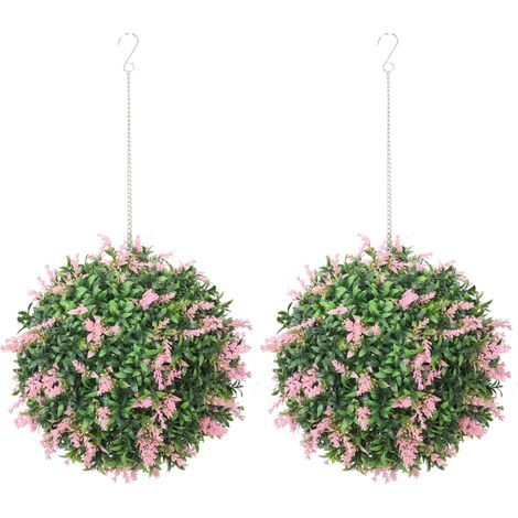 Set of 2 Artificial Plant Topiary Balls, UV-protected Fake Decorative Plants, Pink
