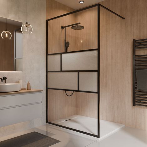 Paroi de douche à l'italienne verre rainuré noir mat, l. 100 cm x H. 200 cm, SCHULTE, Walk In réversible, verre 6 mm, Carvella