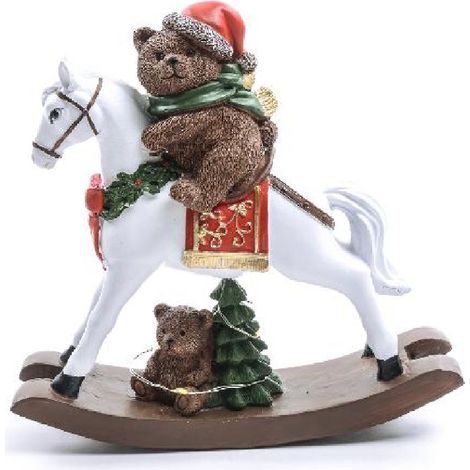 Orso su cavallo a dondolo in poliresina con luci a batteria design assortiti in scatola regalo -Marrone (1/5)