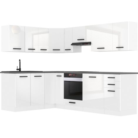 Belini Küchenzeile Küchenblock Küche L-Form Janet Küchenmöbel mit Griffe, Einbauküche ohne Elektrogeräten mit Hängeschränke und Unterschränke, ohne Arbeitsplatten, Weiß Hochglanz (1/5)