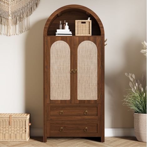 Aparador 80x40x180 cm nogal en MDF con puertas de ratán, doble cajón y estantes ajustables (1/5)