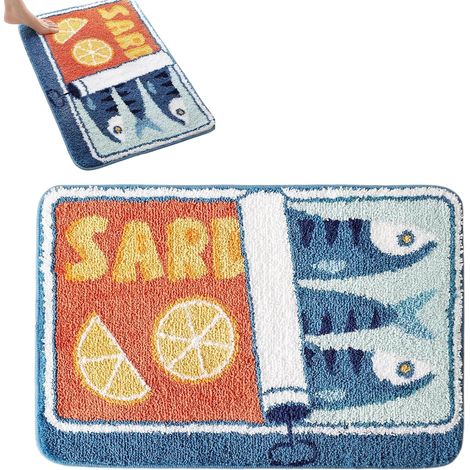 Sardinen Dose Tapis de salle de bain 50 x 80 cm, amusant, lavable, antidérapant, doux, motif dessin animé, poisson, citron, tapis de douche absorbant pour salle de bain, cuisine, chambre à coucher (1/5)