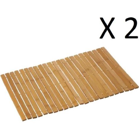 Lot de 2 tapis de bain antidérapant, tapis salle de bain en bambou coloris naturel - Longueur 59 x Profondeur 40 cm-JUANIO