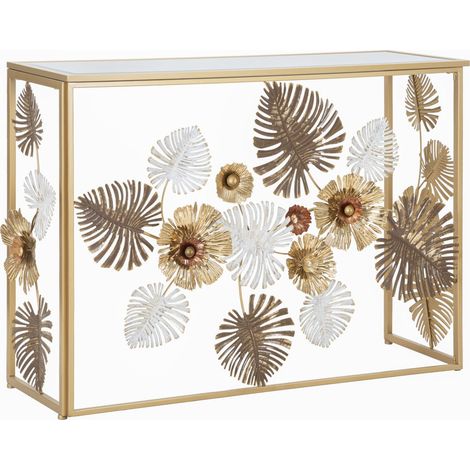 Console Glam Floris in ferro dorato e specchio con foglie tropicali