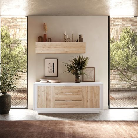 Buffet bas blanc et bois 2 portes-3 tiroirs 180cm YORI (1/5)