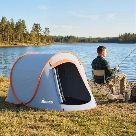 Tente de camping pliable pour 2-3 personnes avec sac de transport pour la randonnée, 245 x 148 x 105 cm, grise (1/5)