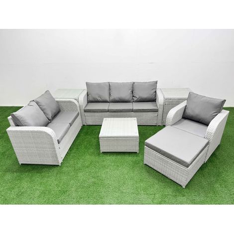 Fimous Patio PE Wicker 7 Seater Outdoor Rattan Furniture Sofa Sets with Square Coffee Table Reclining Chair Loveseat Sofa 3 Seater Sofa Big Footstool 2 Side Table Light Grey (1/4)