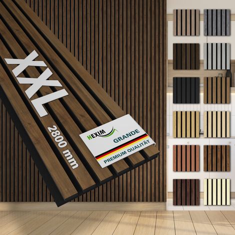 HEXIM Akustikpaneele 280x30cm Wandpaneele Grande Lamellen MDF Holz 0,85m² XXL Echtholzfurnier Wand 21mm Filz (1 Paneel - 0.854m², Light Walnut)