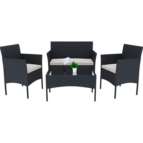 Set Di Mobili da Giardino Salotto Salottino in Rattan 4 Posti con Tavolino E Ripiano In Vetro 2 Poltrone e Divano 2 Posti Per Giardino Esterno Piscina Cuscini Sfoderabili Colore Nero