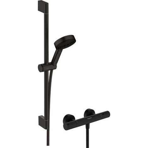 Hansgrohe – Colonne de douche sans robinetterie noir mat – Thermostat intégré – 3 jets EcoSmart – Pommeau 105mm – Longueur flexible 1600mm – 24272670