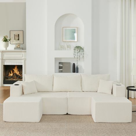 Canapé d’angle modulable 3 places en velours côtelé 230x138x75cm avec 2 poufs mobiles,porte-gobelets,poches latérales,Beige (1/5)