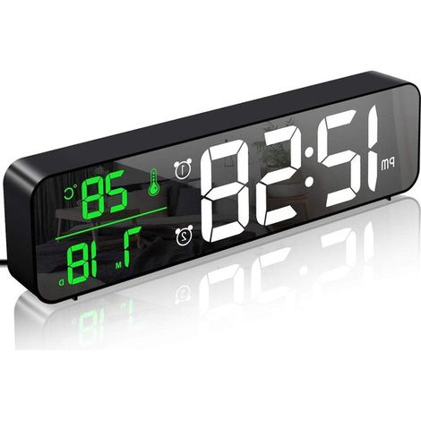 15. Grande specchio con orologio da parete digitale a LED, visualizzazione di temperatura/data, 40 brani musicali, 2 sveglie, USB, nero. (1/5)