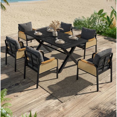 Ensemble table chaise jardin 6 places noir naturel OKMYHOME (1/5)