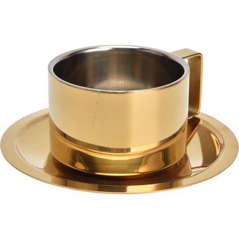 Kaffeetasse aus Edelstahl 304 mit Untertasse, 200 ml, goldfarben, minimalistisches Design, ideal für zu Hause und unterwegs. (1/5)