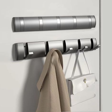 Porte-manteau mural robuste en aluminium avec 5 crochets rétractables pour suspendre vêtements, chapeaux, sacs à main et clés – Gris (1/5)