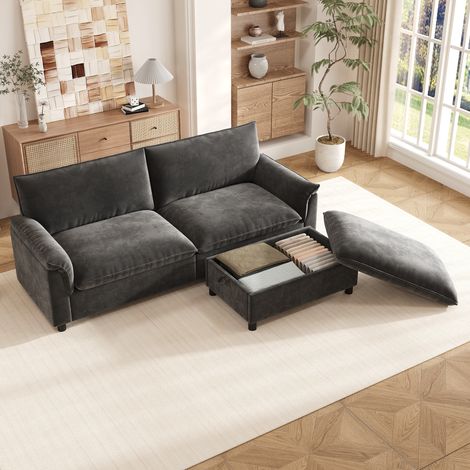 Canapé d'angle modulaire nuage, sofa confortable pour salon, design assise profonde moderne, canapé cloud surdimensionné, avec 1 pouf mobile, dossier haut, noir, L216 × H82 × P77 cm (1/5)