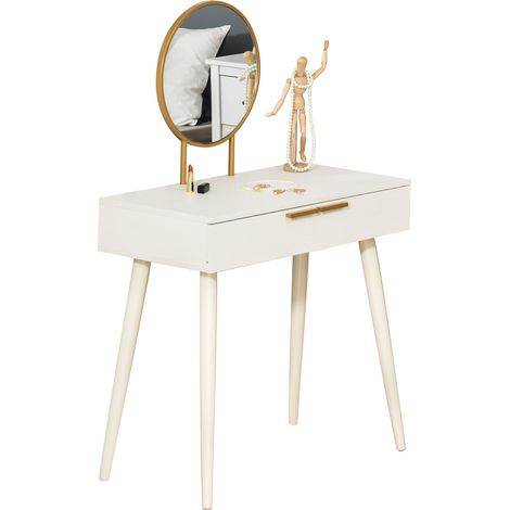Elegant Dressing Table, with Round Mirror, 80 x 40 x 123 cm - White