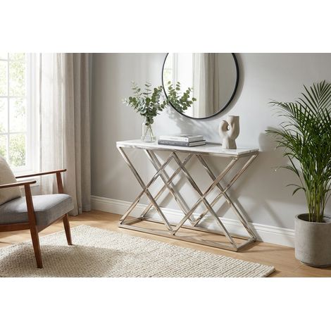 Console plateau effet marbre blanc métal chrome 120x40x78 cm TRIANGLE (1/3)