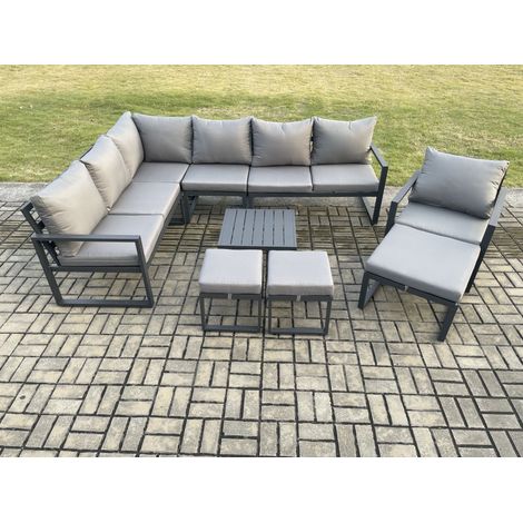 Fimous 10 Seater Outdoor Lounge Corner Sofa Set Aluminum Garden Furniture Sets with Square Coffee Table Chair 3 Footstools Dark Grey (1/5)
