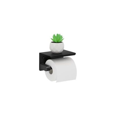Porte-rouleau de papier toilette en acier inoxydable avec tablette supérieure – Fixation murale et adhésive, design élégant noir pour salle de bain (1/5)