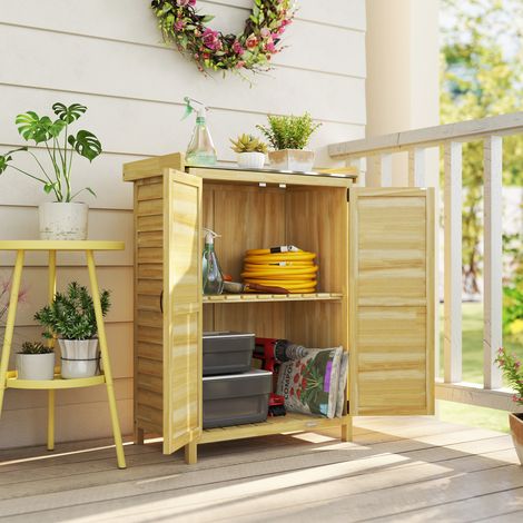 Naturel 71,5x39x95 cm - Abri de jardin extérieur en bois doté de toit métallique et crochets pour outils de rangement