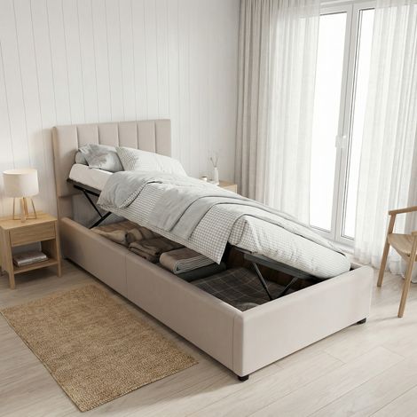 Letto contenitore 90x200 cm, letto singolo con vano contenitore a sollevamento idraulico, testiera regolabile in altezza, struttura in metallo e legno, stile moderno, beige
