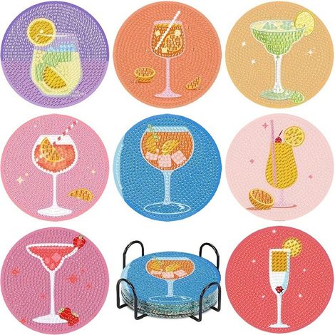 Peinture diamant, 8 sous-verres avec support, kit pour adultes, à faire soi-même, motif cocktail, rond. (1/5)