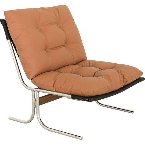 Fauteuil d'appoint en simili cuir marron avec piètement métal, style Barcelone, déhoussable (1/5)