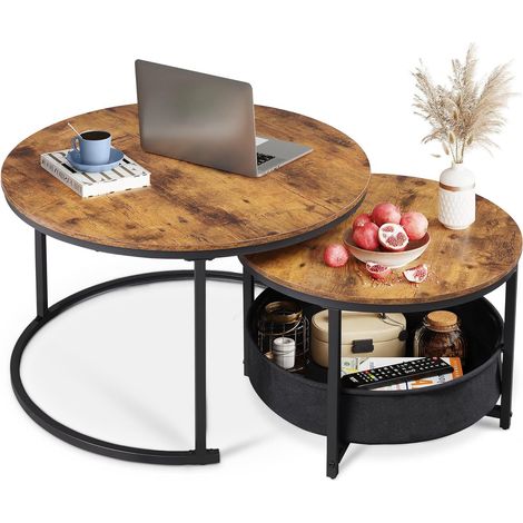 Irovami Lot de 2 tables basses rondes – Diamètres 80 et 60 cm, rangement, cadre métal – Brun rustique – Pour salon, séjour (1/5)