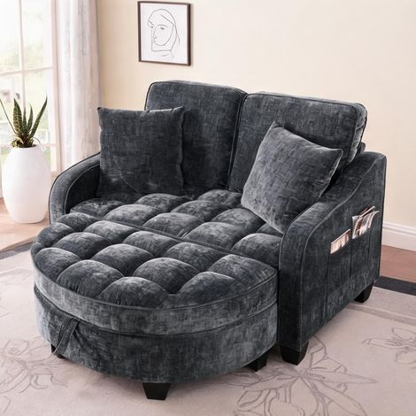 Canapé convertible 2-en-1 en bois d'eucalyptus et tissu noir (1/5)