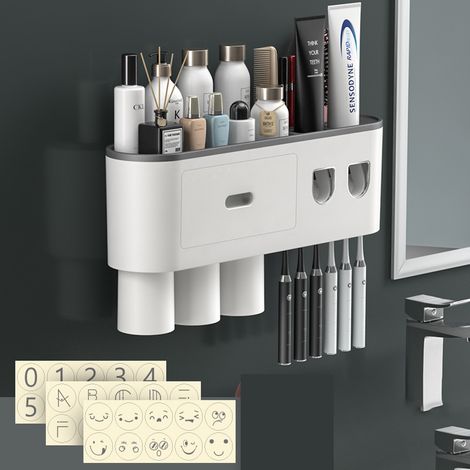 Porte-brosse à dents mural avec distributeur automatique de dentifrice, 6 emplacements pour brosses à dents et 2 gobelets magnétiques. (1/5)