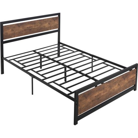 Cadre lit double acier 140x190 cm sommier lattes tête aspect bois foncé, lit métal robuste look bois
