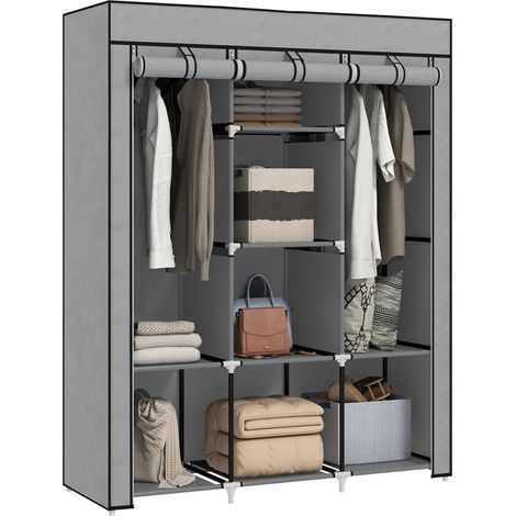 Meuble suspendu multifonction avec 8 étagères et 2 barres, en tissu non tissé gris clair, design pratique et gain de place, idéal pour dressing ou chambre