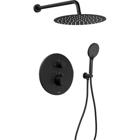 Set de douche à encastrer avec mitigeur thermostatique, boîtier d'installation, 2 sorties, noir mat