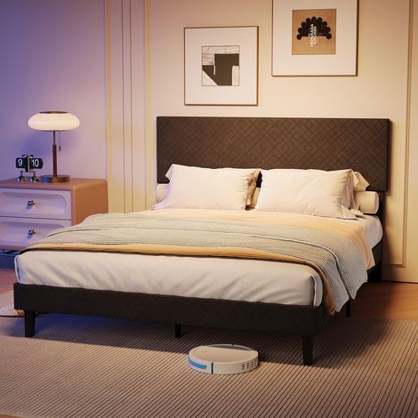 Letto matrimoniale 140x200 cm con testiera imbottita e rete a doghe Stile industriale - lino - grigio