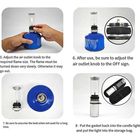 Lampe à gaz portable pour tente de camping, coupe-vent et réglable, idéale pour le camping (noire). (1/4)