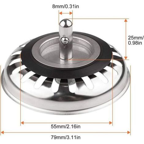 Lot de 2 bouchons d'évier inox 79.3 mm Acier inoxydable 304 Antiblocage Compatible éviers 79.3 à 80.3 mm (1/5)