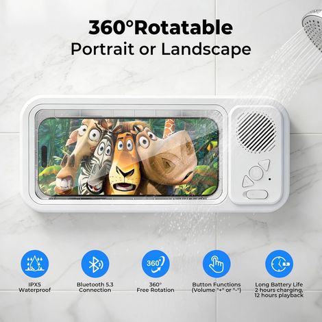 JSSEVN - Support de téléphone étanche avec haut-parleur Bluetooth, IPX8 rotatif à 360°, ventouse, support mural, haut-parleur 5.3 intégré pour salle de bain (1/5)