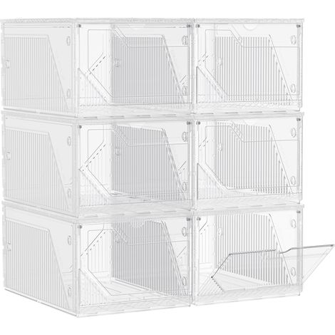 SONGMICS Boîtes à Chaussures, Lot de 6, Rangement Chaussures en Plastique, Empilable et Reliable, avec Porte Magnétique, Transparente, jusqu’à la Pointure 46, Blanc Nuage (1/5)