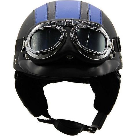 Casque de moto d'été léger en cuir style rétro Harley, avec lunettes de protection, demi-casque tendance, pour véhicules électriques, noir et bleu. (1/3)