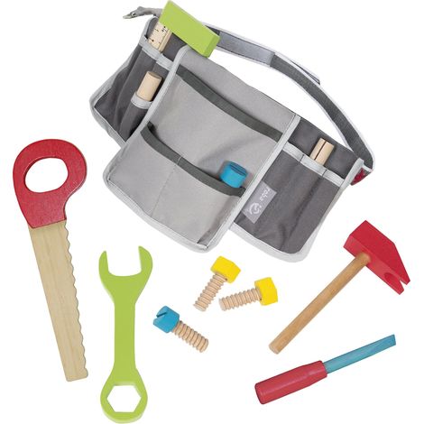 roba Cintura porta attrezzi per bambini, Inclusa borsa porta attrezzi con set di 11 pezzi in legno, Regolabile, Grigio (1/4)