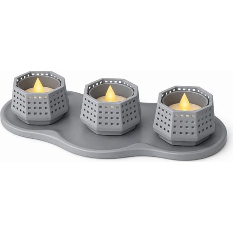 Porte-bougie LED décoratif, ajouré, gris, triple, avec socle